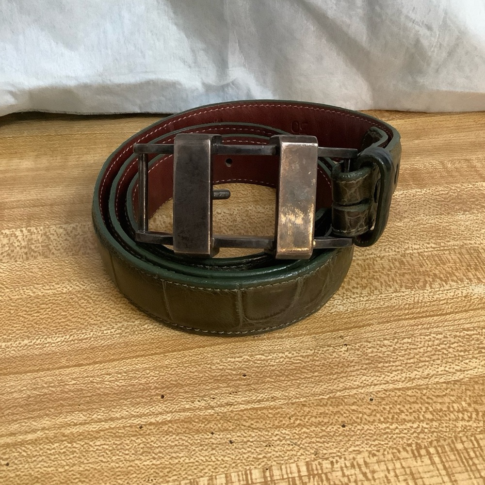 Pat Areias Men’s Belt Sz 30 Dark Green Alligator Leather Silver 925 Heavy Buckle